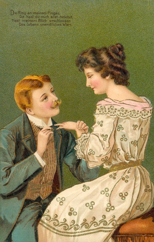 Homem a propor casamento a uma jovem, prestes a colocar-lhe um anel no dedo (litografia a cores) de European School