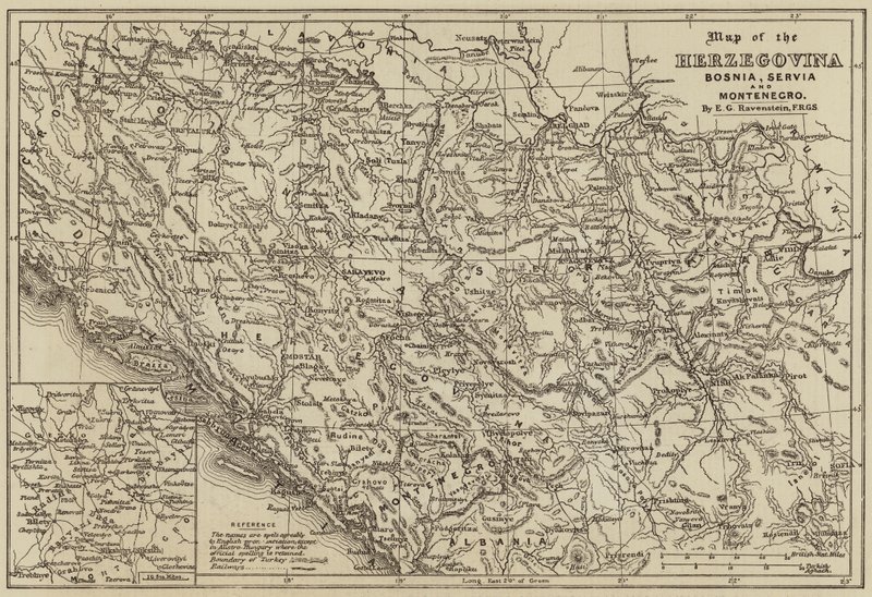 Mapa da Herzegovina, Bósnia, Servia e Montenegro (gravura) de European School