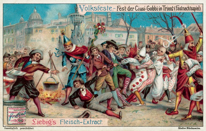Celebrações do carnaval em Trento, Itália (chromolitho) de European School