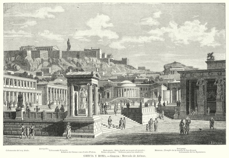 Mercado de Atenas, Grécia Antiga (litho) de European School