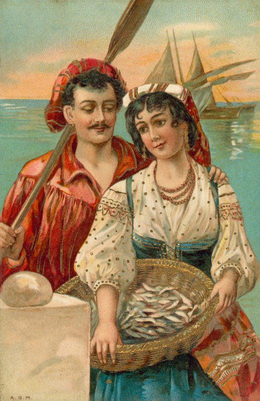 Pescador e mulher do Mediterrâneo (litografia a cores) de European School