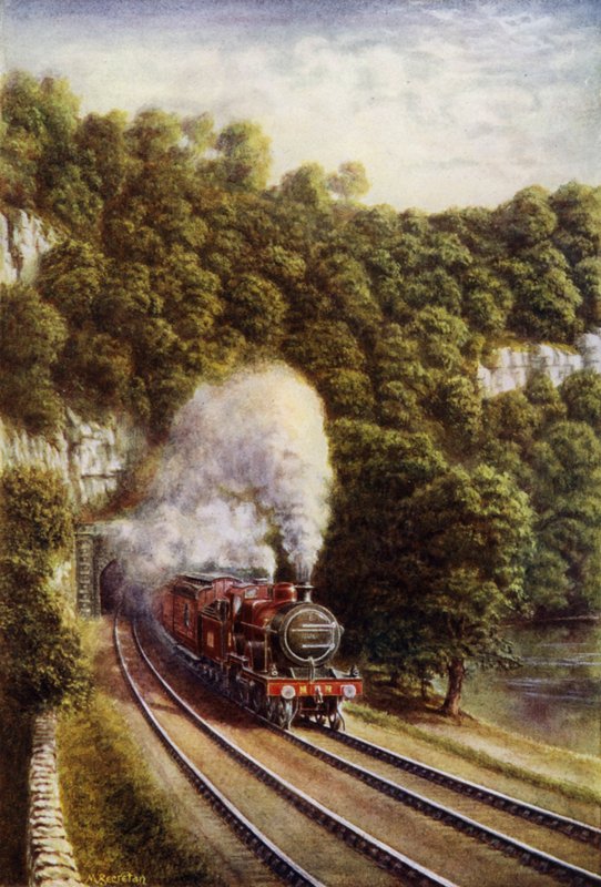 Trem expresso Midland Scotch na Midland Railway viajando pelo Yorkshire Dales (lito colorido) de European School