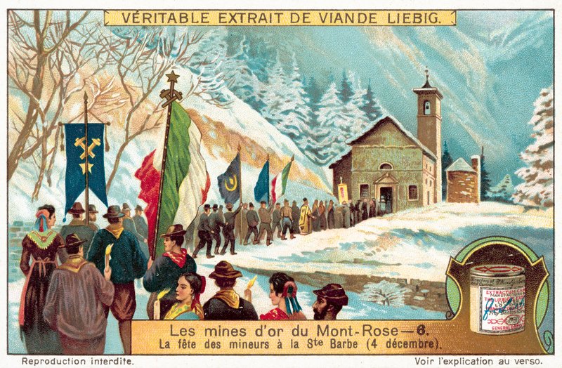Mineiros das minas de ouro Monte Rosa celebram a festa de Santa Bárbara, padroeira dos mineiros (chromolitho) de European School
