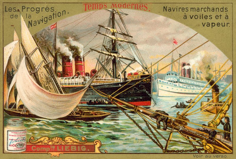 Velas modernas e navios mercantes a vapor (chromolitho) de European School