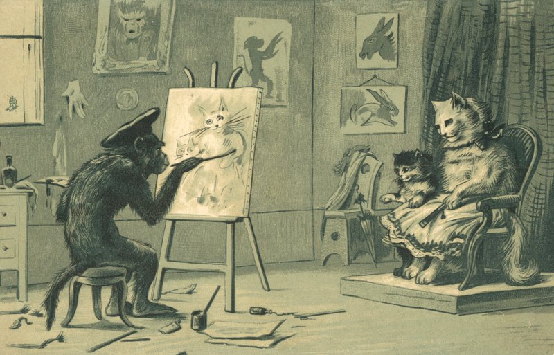 Macaco pintando um retrato de um gato e um gatinho (litografia) de European School
