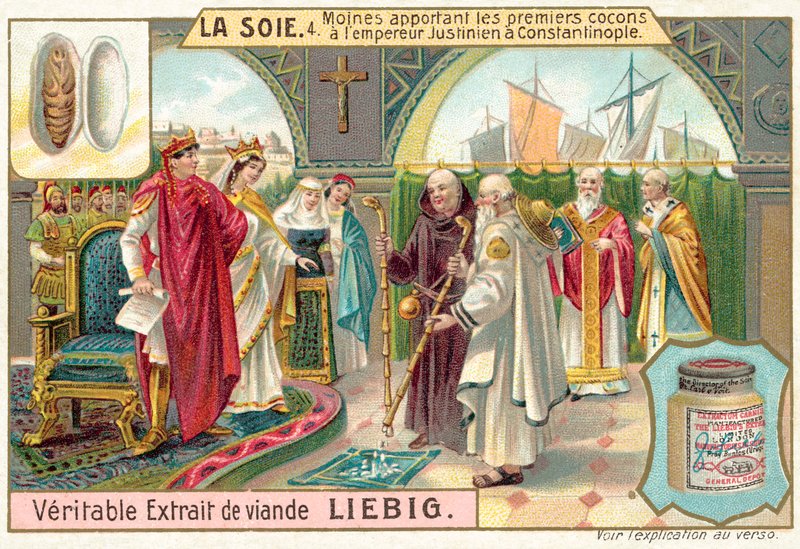 Monges trazendo os primeiros casulos de seda para o Imperador Justiniano em Constantinopla (chromolitho) de European School