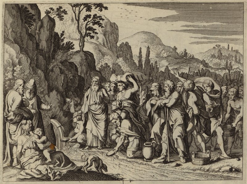 Moisés golpeando a rocha com seu cajado para trazer água (gravura) de European School