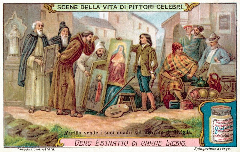 Murillo vendendo seus quadros no mercado de Sevilha (chromolitho) de European School