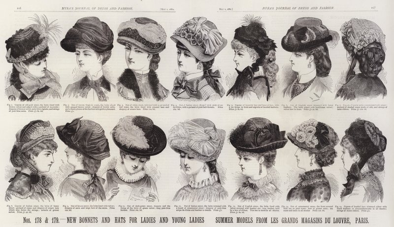 Novos Bonés e Chapéus para Senhoras e Meninas; Modelos de Verão de Les Grands Magasins Du Louvre, Paris (gravura) de European School