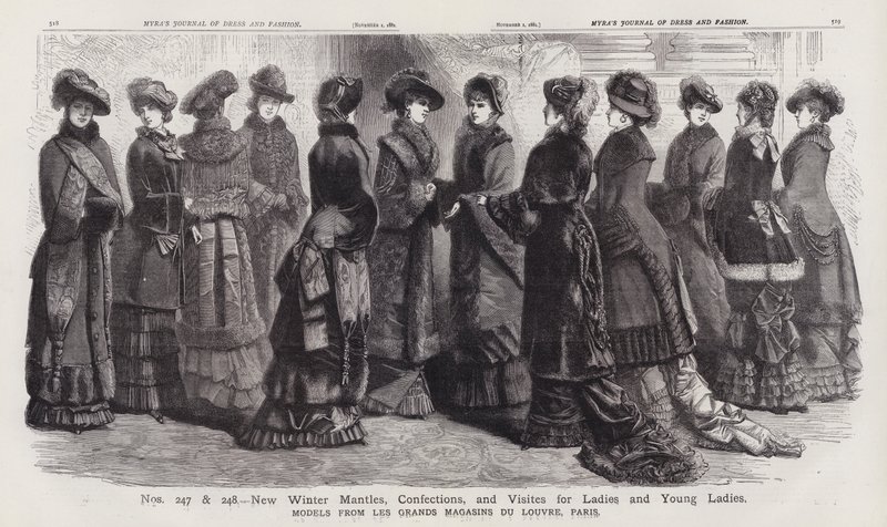 Novos mantos de inverno, confeções e visitas para senhoras e jovens senhoras, modelos de Les Grands Magasins du Louvre, Paris (gravura) de European School