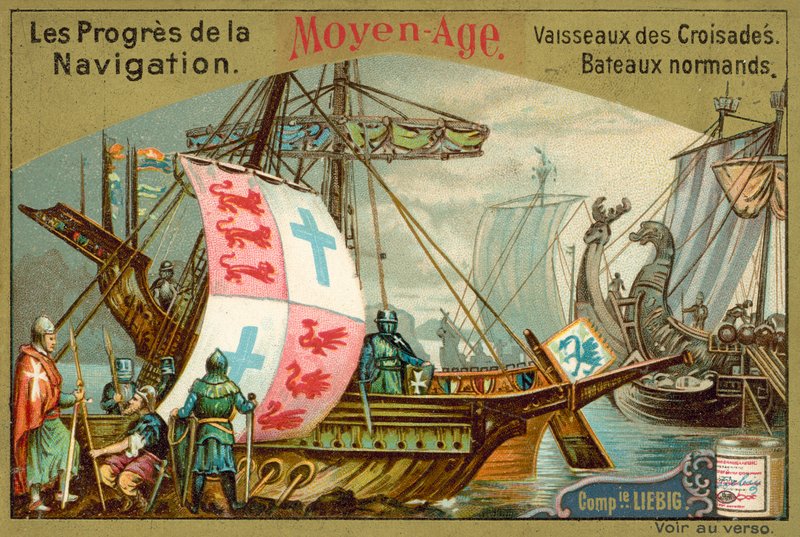 Norman e navios cruzados da Idade Média (chromolitho) de European School