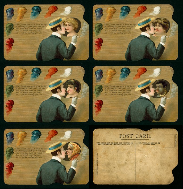 Postal de novidade mostrando um homem a beijar cinco raparigas diferentes (litografia a cores) de European School
