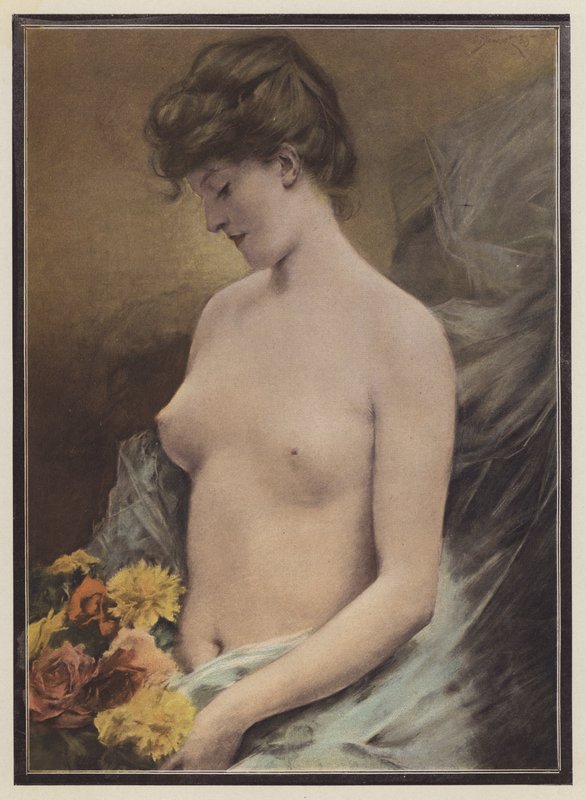 Mulher nua com flores (cor litho) de European School