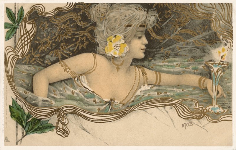 Ninfa da mitologia grega a nadar na água (litografia a cores) de European School