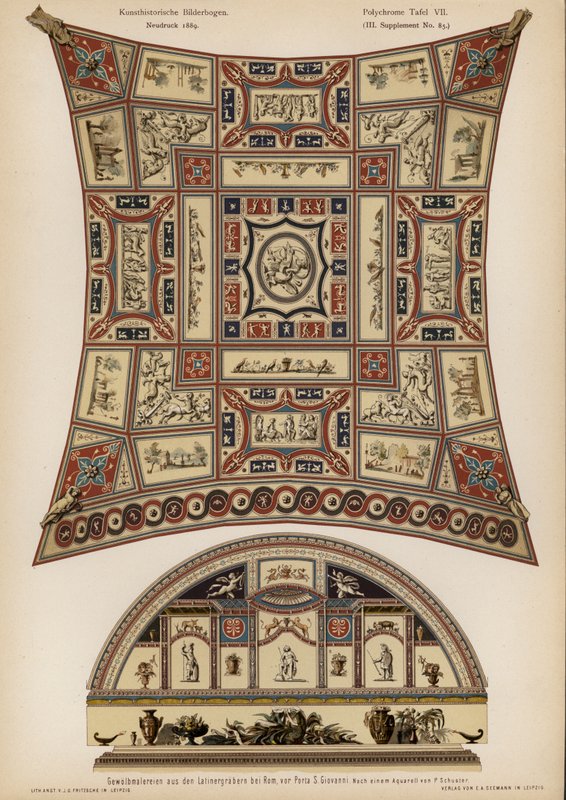 Abóbada pintada de um túmulo romano na Via Latina, Roma (cor litho) de European School