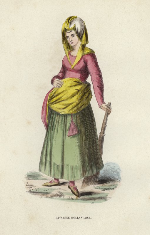 Mulher camponesa holandesa (gravura colorida) de European School