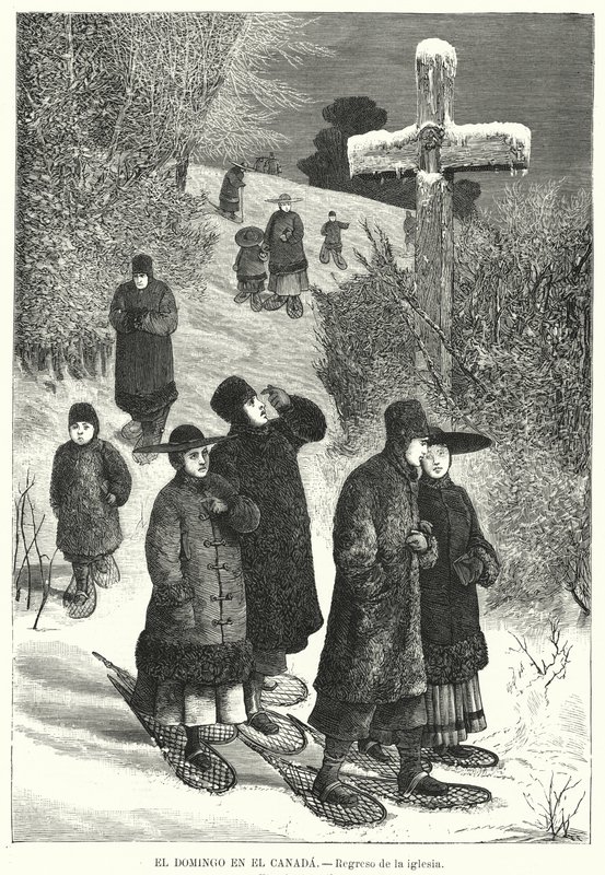 Pessoas com sapatos de neve voltando da igreja no domingo, Canadá (litho) de European School