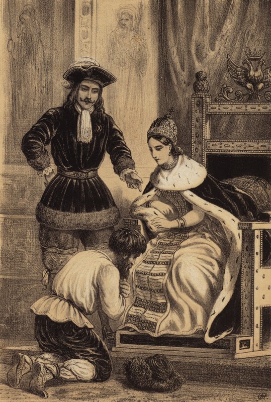 Pedro o Grande da Rússia ordenando a Karol Skowronski que beijasse a bainha da saia da sua irmã, Imperatriz Catarina I (litho) de European School