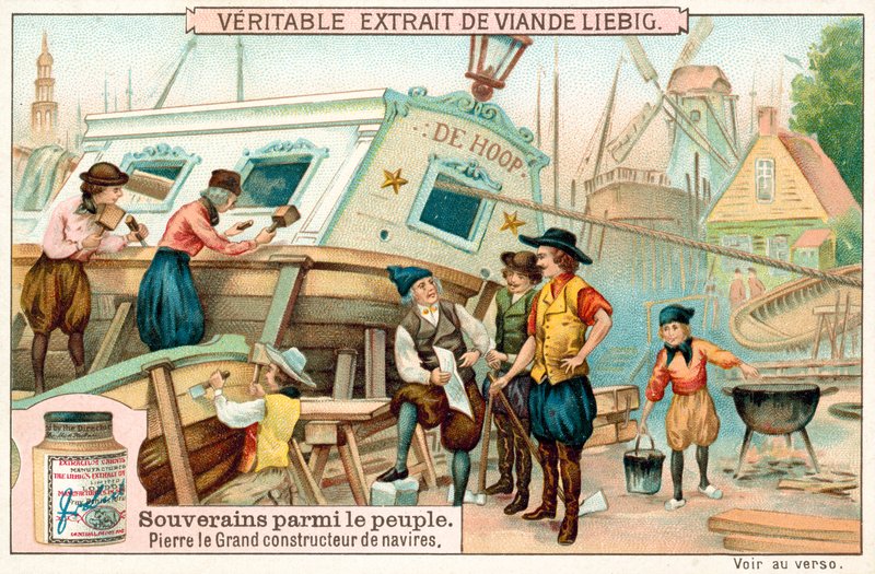 Pedro o Grande a trabalhar como construtor naval na Holanda (chromolitho) de European School