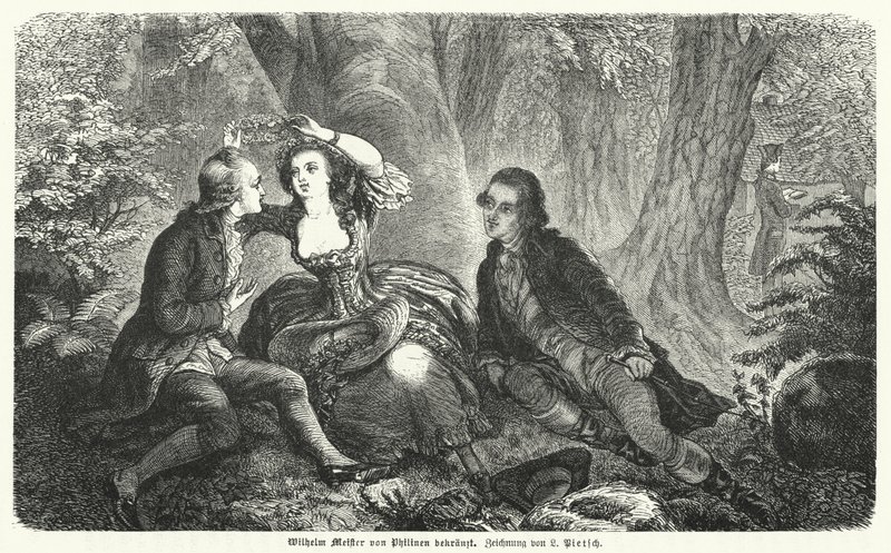 Philinen coroando Wilhelm Meister com uma coroa de flores: cena do romance de Johann Wolfgang Goethe Wilhelm Meisters Lehrjahre (gravura) de European School