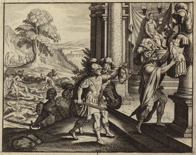 Filisteus colocando a cabeça de Saul no templo do seu deus Dagon (gravura) de European School