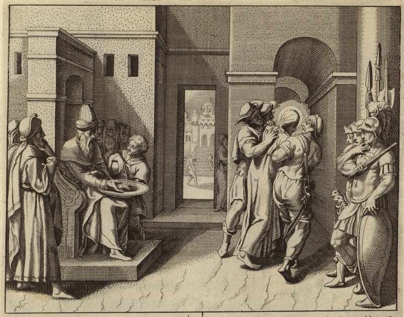 Pôncio Pilatos a lavar as mãos depois de Jesus Cristo ser condenado à morte (gravura) de European School