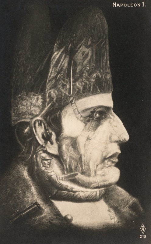 Retrato de Napoleão Bonaparte, com cenas das suas batalhas desenhadas no rosto e no chapéu (litografia) de European School