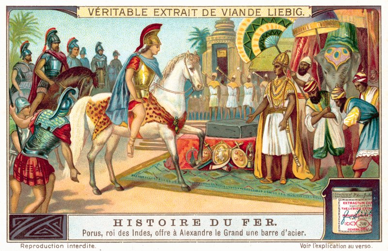Porus, Rei dos Pauravas, oferecendo a Alexandre o Grande uma barra de aço (chromolitho) de European School