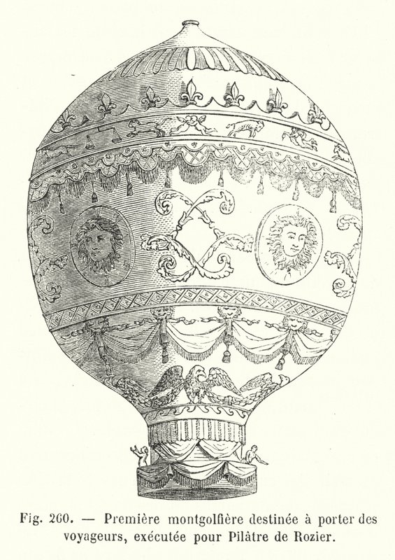 Primeiro balão de ar quente a transportar passageiros, feito para o Pilatre de Rozier (gravura) de European School