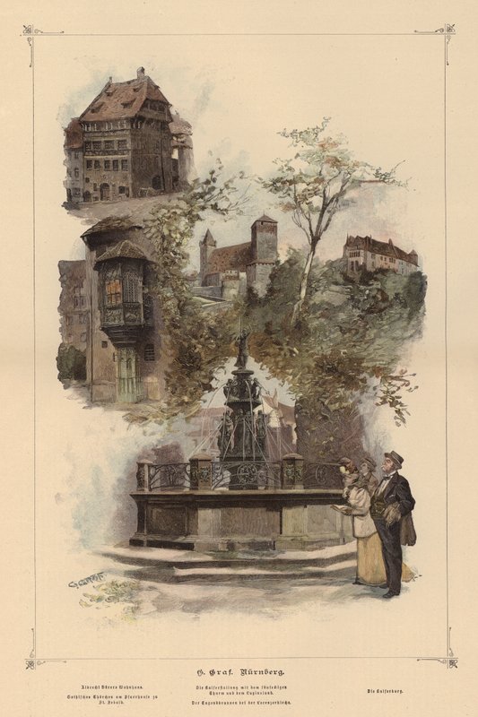 Edifícios proeminentes em Nuremberga, Alemanha (gravura colorida) de European School