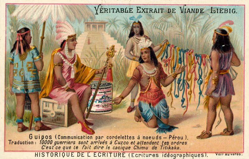 Quipus, sistema de comunicação usando cordas com nós, Peru (chromolitho) de European School