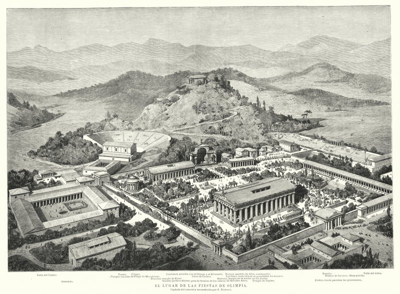 Reconstrução do antigo Olympia, Grécia (litho) de European School