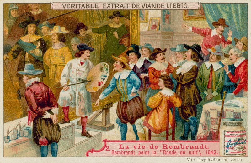 Rembrandt pinta o relógio da noite (cromolitro) de European School