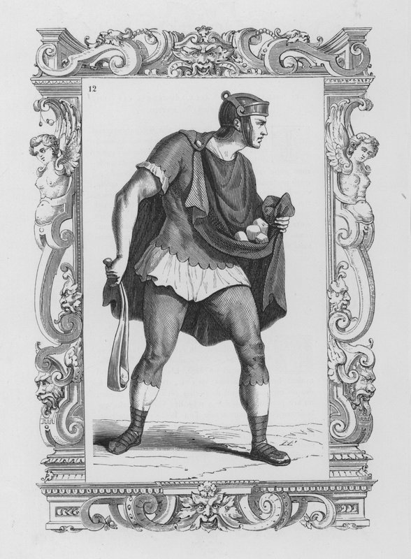 Soldado romano armado com uma fisga (gravura) de European School