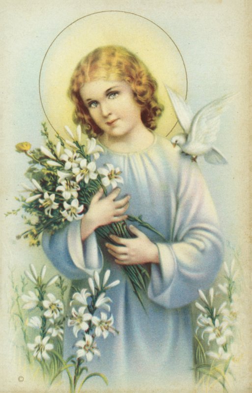 Santo com pomba e flores (litografia a cores) de European School