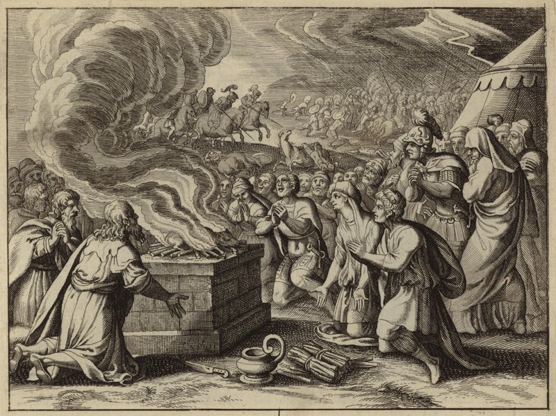 Samuel e os israelitas confessando os seus pecados a Deus em Mizpah antes de derrotar os filisteus (gravura) de European School