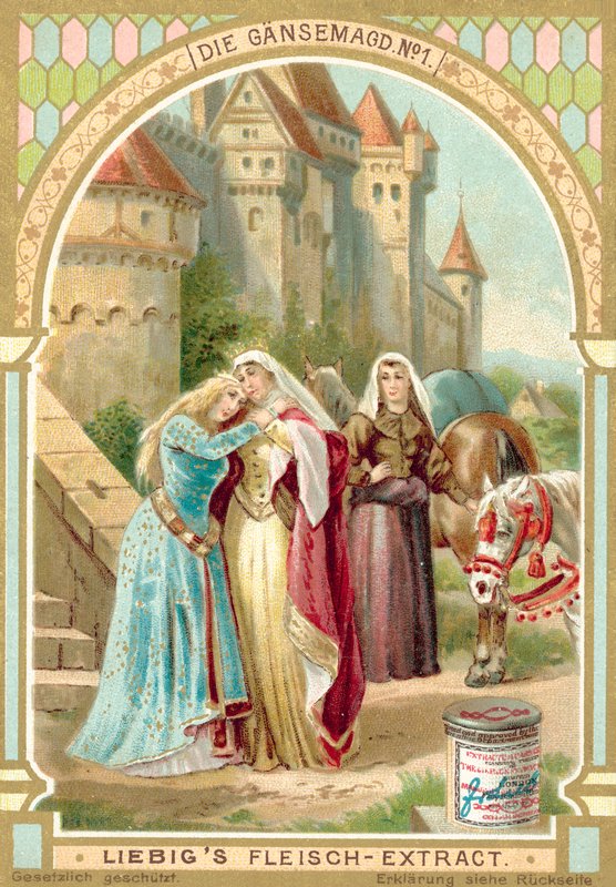 Cena do conto de fadas dos irmãos Grimm A Garota Ganso (chromolitho) de European School