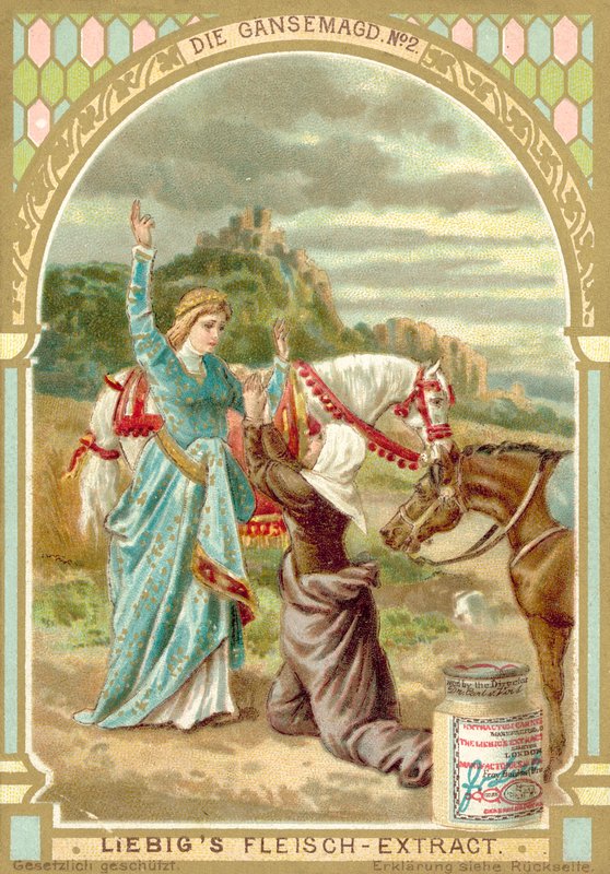 Cena do conto de fadas dos irmãos Grimm A Garota Ganso (chromolitho) de European School
