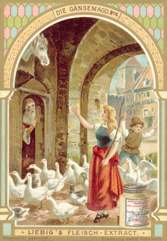 Cena do conto de fadas dos irmãos Grimm A Garota Ganso (chromolitho) de European School