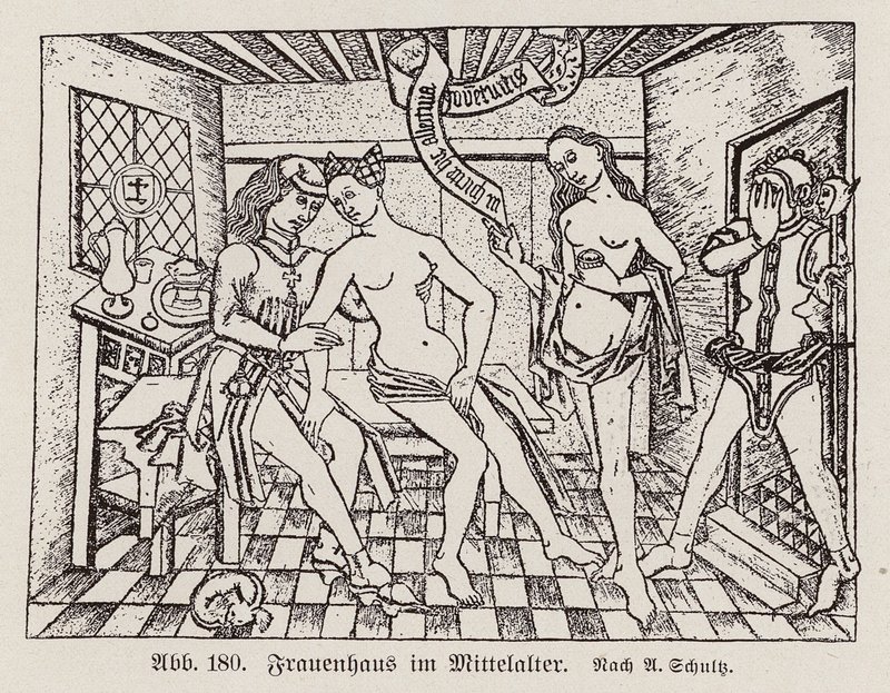 Cena de um Frauenhaus, um bordel alemão do final da Idade Média (gravura) de European School