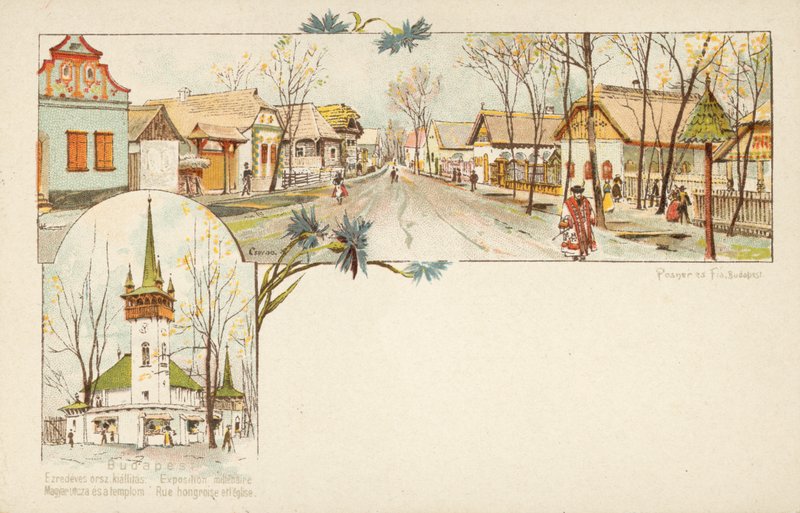 Cenas de Budapeste, uma rua e igreja húngara (chromolitho) de European School