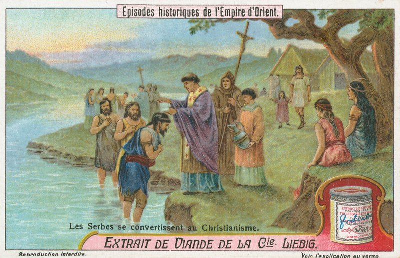 Sérvios convertidos ao cristianismo, cartão de Liebig, início do século XX (chromo) de European School