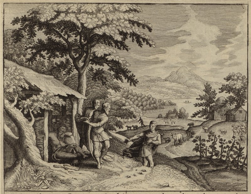 Shem e Japheth cobrindo a nudez do seu pai, Noah (gravura) de European School