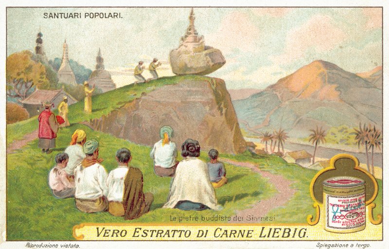 Budistas siameses adoram em um santuário de pedra de equilíbrio (chromolitho) de European School