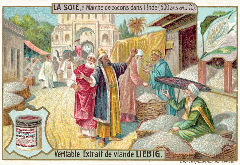 Mercado de casulos de seda na Índia, 500 a.C. (chromolitho) de European School