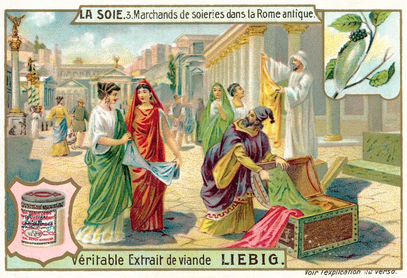 Mercadores de seda na Roma Antiga (chromolitho) de European School