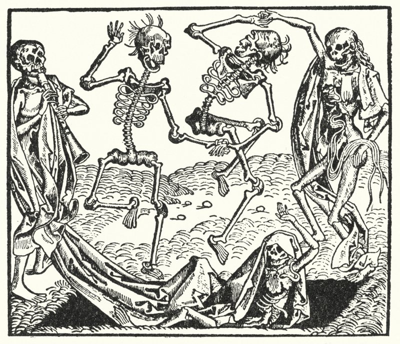 Esqueletos de uma dança de morte medieval (gravura) de European School
