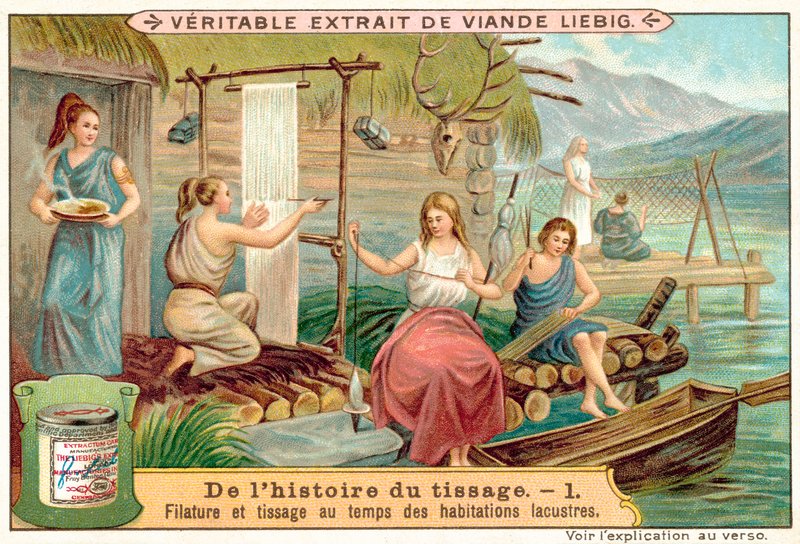 Giro e tecelagem numa antiga aldeia à beira de um lago (chromolitho) de European School