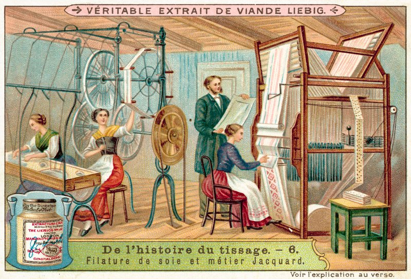 Seda rotativa e um tear Jacquard (cromolitho) de European School