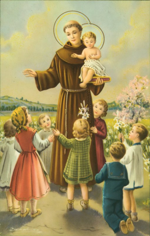 São Francisco de Assis com o Menino Jesus e as crianças (litografia a cores) de European School